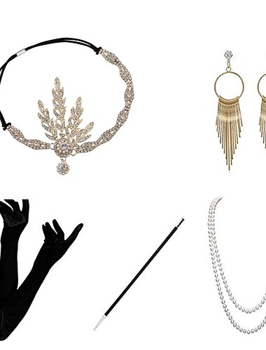  ancien Années Folles Années 1920 Serre Tête Flapper Ensemble d'accessoires Charleston Invité au mariage Plume Déguisement Femmes Halloween Carnaval Mascarade Carnaval Cocktail Date Adulte 1 Collier