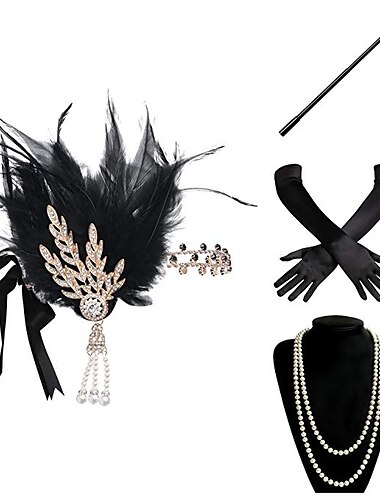  Vintage 1920er Der große Gatsby Kostümzubehör-Sets Flapper-Stirnband Zubehörset Halskette Charleston Hochzeitsgast Feder Damen Hochzeitsempfang Junggesellinnenabschiedsparty Festival Erwachsene