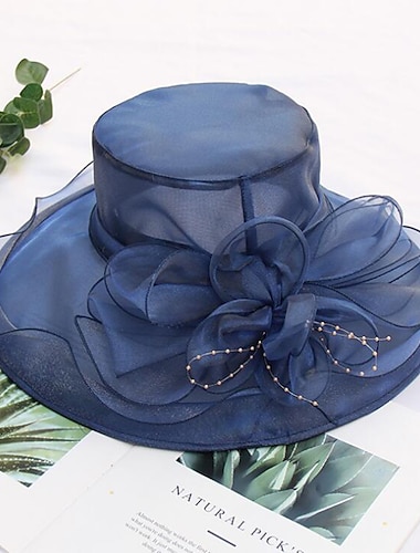  hatut Päähine Tylli Organza Kalastajanhattu Olkihattu Aurinkohattu Häät Teekutsut Kentucky Derby Hevoskilpailu Naisten päivä Vintage-tyyli Tyylikäs Kanssa Tekohelmi Kukkakuvio Päähine Päähineet