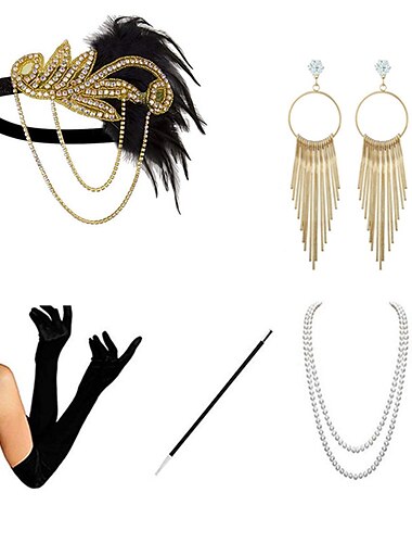  Vintage Goldene Zwanziger 1920er Flapper-Stirnband Zubehörset Kopfschmuck Tropfen-Ohrringe Vintage Halskette Charleston Hochzeitsgast Feder Damen Halloween Karneval Maskerade Karneval Cocktailparty
