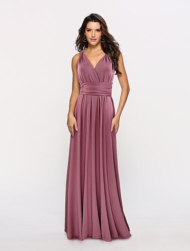  A-Linien-Partykleid, wandelbares Urlaubs-, Abschlussball- und Geburtstagskleid, Neckholder, rückenfrei, überkreuzter Rücken, V-Rücken, ärmellos, bodenlang, Stretch-Satin mit Schärpe/Faltenband,