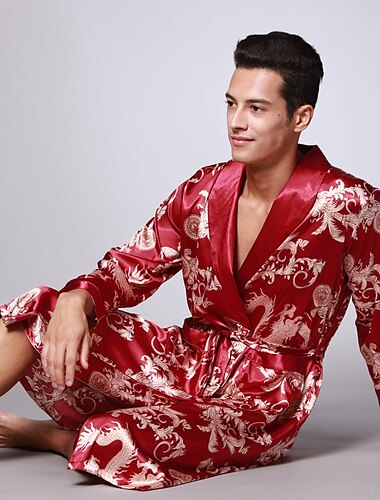  Herren Übergröße Schlafanzug Morgenmantel Seidenrobe Schlafanzüge Glatt Weich Modedruck Satin Heim Bett Urlaub Polyester Elastischer seidenartiger Satin Leichtgewichtig V Ausschnitt Bedruckt Gürtel