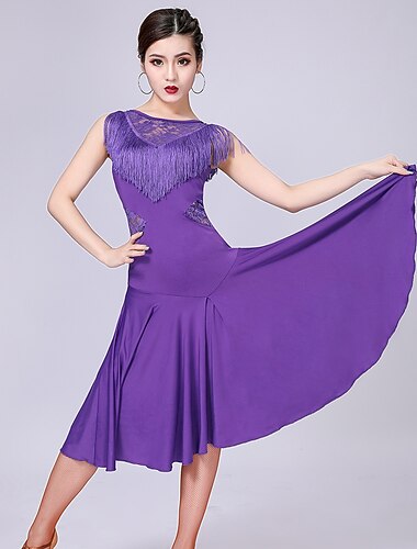  Latein-Tanzkleid, Spitze, Fransen, Quaste, Damen, Training, Performance, ärmellos, hoher Spandex-Polyester