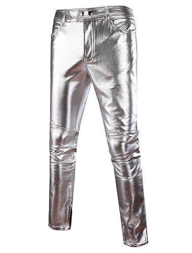  Herr Mager Långbyxor Byxor i konstläder Rakt ben Solid färg Fullängd Fest Utekväll Nattklubb Streetwear Stylish Silver Svart Microelastisk
