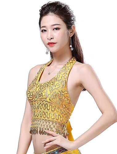  ריקוד בטן עליון מטבעות זהב נוֹצֵץ פאייטים בגדי ריקוד נשים הצגה הדרכה מילק פייבר