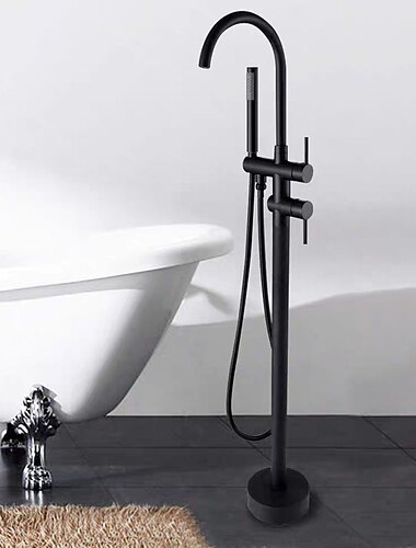  Robinet de baignoire à finitions peintes, noir sur pied à mélangeurs, robinet de douche standard à bec/pulvérisation rotatif à un trou avec douchette et interrupteur d'eau chaude et froide