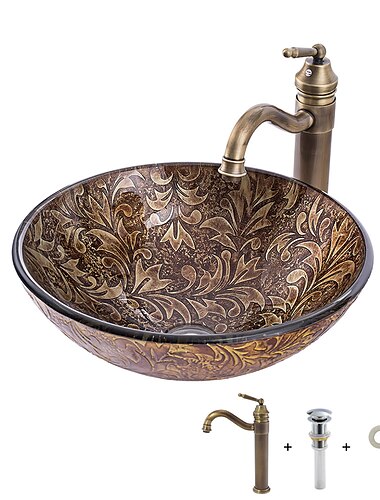  Vintage Bathroom Vessel Sink Set Round 16.5"x5.7", Sink Mixer Faucet and Drain Combo with Pop-up Drain, Boat Shape Tempered Glass Artistic Vessel Vanity Sink Bowl, Above Counter Sink Art Wash Basin