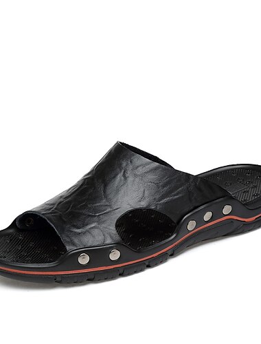  sandales en cuir noir à enfiler pour hommes – sandales de plage décontractées à bout ouvert avec design clouté et semelle confortable