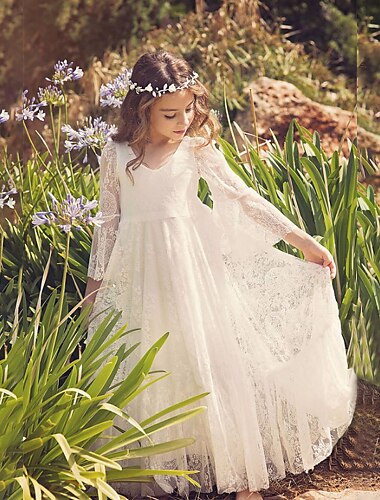  A-Line Floor Length Flower Girl Dress Wedding Party Girls Cute Prom Dress Lace with Lace Boho Beach Fit 3-16 Years