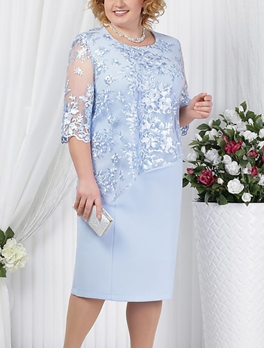  Women's Plus Size Curve Sheath Dress Lace Dress Floral Round Neck Lace Half Sleeve Fall Spring Work Vintage Prom Dress Knee Length Dress Party Daily Dress