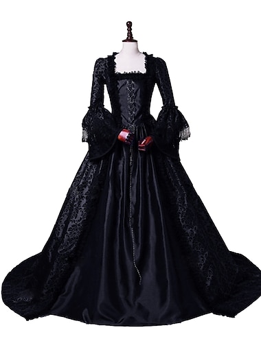  Style floral Rococo Victorienne Longueur au sol Robe Costume de fête Bal Masqué Manches Evasées Princesse Toile Robe de bal Col carré Femmes Noël Halloween Fête / Soirée Adultes