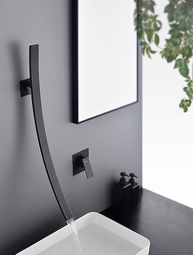  壁に取り付けられたバスルームのシンクの蛇口、新しいデザインの滝の黒いシングルハンドルの2つの穴のバスタップ、大きなアウトレットとフロー調整可能なスイッチ、ホット/コールドスイッチ