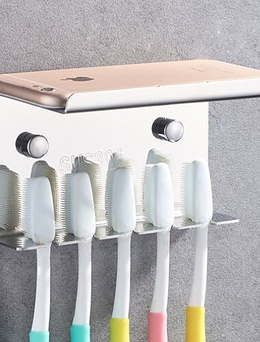  multifunksjon tannbørsteholder med mobiltelefon oppbevaringshylle rustfritt stål veggmontert sølvfarget 1stk