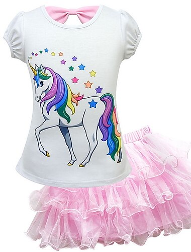  T-Shirt des Einhorns 2pcs der Kindermädchen&amp;rock kleidungsset schleife kurzarm lila rosa fuchsia pferd einhorn cartoon schleife tüll baumwolle basic