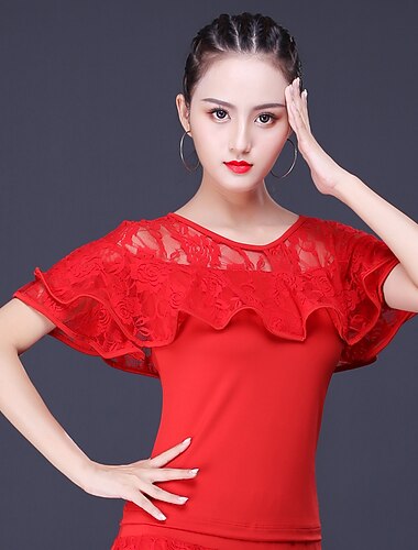  Dança Latina Blusa Renda Mulheres Treino Espetáculo Manga Curta Renda Fibra de Leite Poliéster