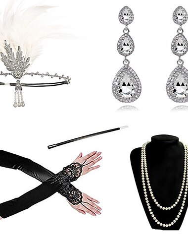  Vintage 1920er Der große Gatsby Kostümzubehör-Sets Handschuhe Flapper-Stirnband Halskette Ohrringe Charleston Hochzeitsgast Feder Damen Hochzeitsempfang Junggesellinnenabschiedsparty Festival