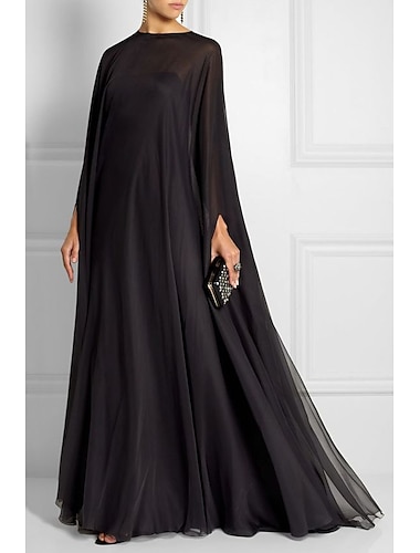 slire svart kjole aftenkjole empire kjole formell kveld feie / børstetog langermet båthals høst bryllup gjest chiffon med folder 2024