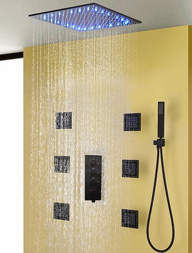  Duscharmatur, modernes schwarzes Bad-Duscharmatur-Set / 16-Zoll-Badezimmer-Regen-LED-Duschkopf / Warm- und Kaltmischventil / Messing-Handbrause inklusive