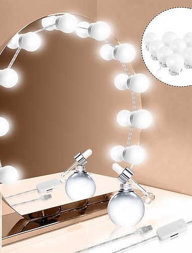 LED-Make-up-Schminkleuchten zum Aufkleben auf den Spiegel mit 10 dimmbaren Glühbirnen, USB-Kabel, 4,6 m, 15 Fuß, weiß