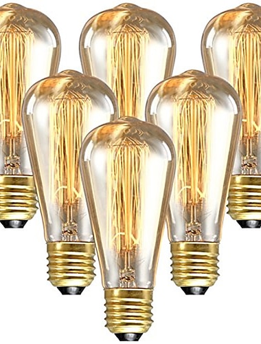  6pcs 60W Edison Vintage Incandescent Light Bulb Dimmable E26 E27 ST64 Candelabra Filament Amber Warm White for Lighting Fixture 220-240V