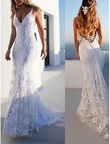  Beach Open Back Boho Wedding Dresses Mermaid / Trumpet Sweetheart Camisole Spaghetti Strap Sweep / Brush Train Lace Bridal Gowns With Appliques 2024