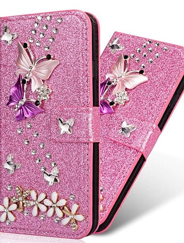  teléfono Funda Para Samsung galaxia S25 S24 S23 S22 S21 FE S21 ultra plus A55 5G A35 5G A25 A15 Tarjetas billetera Diamantes Sintéticos Magnética Brillante Mariposa Brillante Cuero de PU