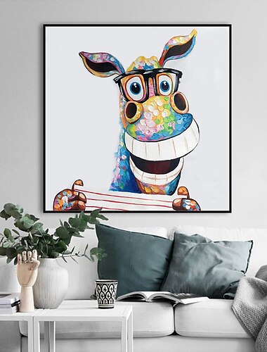  Hang-Ölgemälde Handgemalte Quadratisch Tiere Pop-Art Modern Fügen Innenrahmen / Gestreckte Leinwand