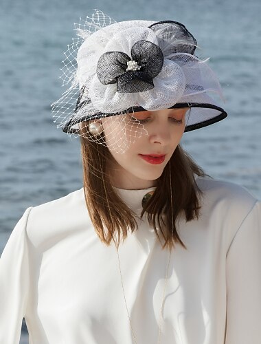  Fascynatorzy kapelusze 100% lniany kapelusz typu Bucket melbourne cup elegancki romantyczny ślub z nakryciem głowy z piór