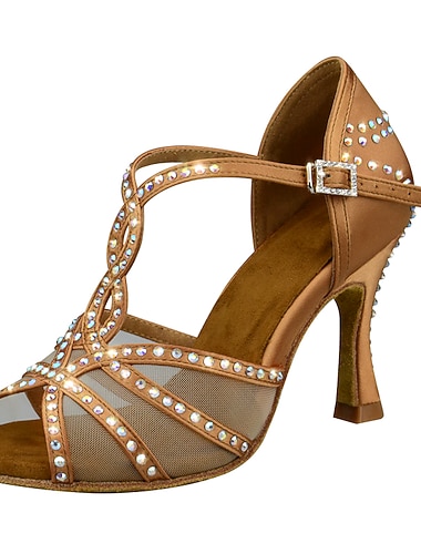  latinska dansskor i strass för kvinnor med mjuk mockasula – eleganta sällskapsklackar i satin med t-band för salsa, tango, bachata och performance-evenemang