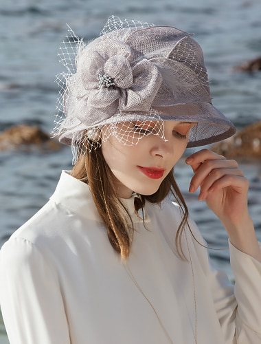  Fascynatorzy kapelusze 100% lniany kapelusz typu Bucket melbourne cup elegancki romantyczny ślub z nakryciem głowy z piór