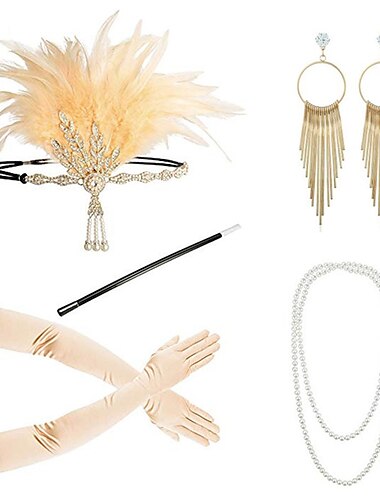  Vintage 1920er Der große Gatsby Flapper-Stirnband Zubehörset Halskette Ohrring-Set Charleston Hochzeitsgast Feder Damen Hochzeitsempfang Junggesellinnenabschiedsparty Festival Erwachsene Handschuhe