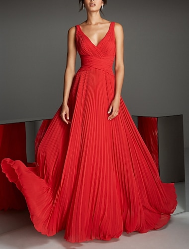  A-Linie Empire-Kleid in Rot und Grün, formelles Abendkleid, V-Ausschnitt, ärmellos, bodenlang, Chiffon mit Falten, 2024