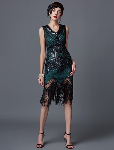  Goldene Zwanziger 1920er Cocktailkleid Knielang Flapper Kleid Kleid Halloween Kostüme Kostüm Capes Kostümzubehör Kostüme & Zubehör Der große Gatsby Charleston Hochzeitsgast Pailletten Patchwork Damen