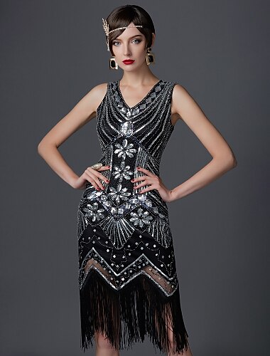  Goldene Zwanziger Glanz & Glamour 1920er Knielang Flapper Kleid Kleid Partykostüm Kostüm Capes Kostümzubehör Kostüme & Zubehör Der große Gatsby Charleston Hochzeitsgast Pailletten Quastenfransen