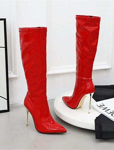  Femme Bottes Cadeaux de Saint-Valentin Bottes sexy Bottes à talons Saint Valentin du quotidien Couleur unie Bottes genou Talon Aiguille Bout pointu Sexy Décontractées Cuir Verni Fermeture Noir