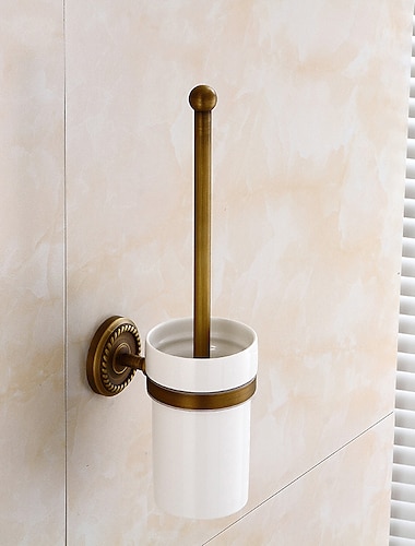  Escova de vaso sanitário com suporte, escova de vaso sanitário de latão antigo montada em parede de borracha e suporte para banheiro