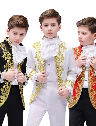  Retro vintage Middeleeuws Jas Broeken Outfits hoed Prins Aristocraat Geborduurd Broek Jongens Feest Queen's platina jubileum 2022 Elizabeth 70 jaar Kinderen Jas Broeken Kraag