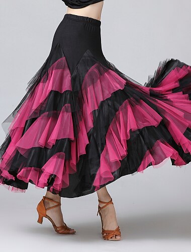  ריקודים סלוניים חצאיות קפלים מדורגים מפרק מפוצל בגדי ריקוד נשים הדרכה הצגה טבעי רשת שיפון מילק פייבר