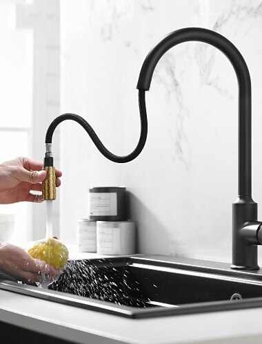  Küchenspülen-Mischbatterie herausziehbar, 360 drehbarer Einhebelgriff, gebürstete Wasserhähne aus massivem Messing, kalter heißer Schlauch, ein Loch mit herunterziehbaren Wasserhähnen in Schwarzgold
