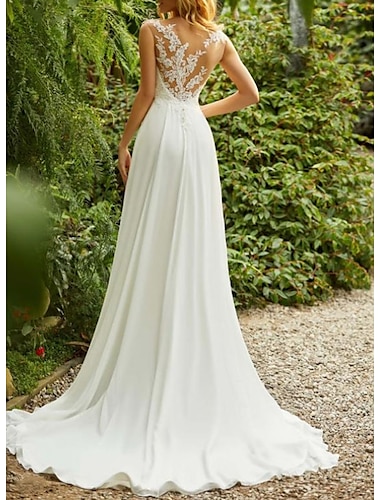  Beach Open Back Boho Wedding Dresses A-Line Illusion Neck Cap Sleeve Sweep / Brush Train Chiffon Bridal Gowns With Lace Insert 2024