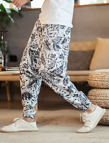  Herren Leinenhose Hose Hosen Sommerhosen Strandhose Elastische Taille Drop Schritt Geometrisch Party Täglich Hip-Hop Boho Lockere Passform Weiß Gelb