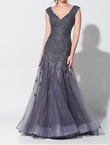  Meerjungfrau Abendkleid Elegantes Kleid Hochzeitsgast Formal Abend Bodenlang Ärmellos V-Ausschnitt Tüll mit Applikationen 2025