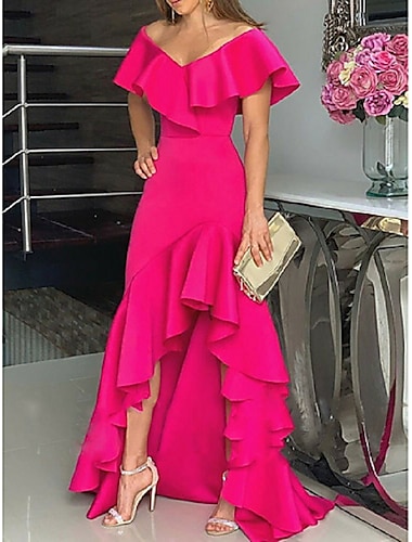  A-Linien-Hochzeitsgastkleid, pink, elegantes Kleid, asymmetrische Rüschen, ärmellos, schulterfrei, Stretch-Satin mit Schlitz, 2024