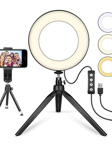  lampa led pierścień światła 6 "15 cm statyw pulpitu stojak na youtube wideo makijaż tiktok mini led lampka do aparatu z uchwytem na telefon komórkowy z 3 trybami światła&amp; 11 poziom jasności