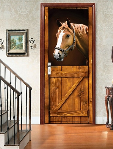  3d hestedørklistremerker stallinnredning gjør-det-selv hjemmedekorasjon skap plakat dørklistremerker for soverom stue 77*200cm