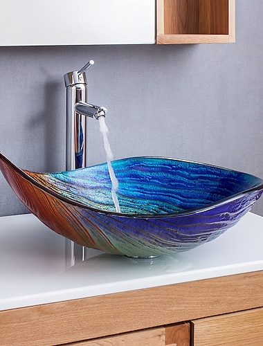  Lavabo de salle de bain rectangulaire 21 "x15", robinet mitigeur d'évier et combo de vidange avec vidange escamotable, vasque de vanité artistique en verre trempé de couleur en forme de bateau, lavabo au-dessus du comptoir