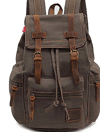  Herren-Vintage-Canvas-Rucksack mit Lederriemen und Kordelzugverschluss – robuster Reiserucksack zum Wandern, für die Schule oder den täglichen Gebrauch