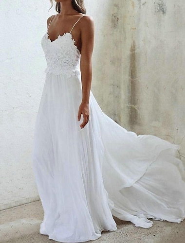  strand sexy boho eenvoudige trouwjurk strand bruiloft a-lijn sweetheart camisole spaghetti bandjes sweep / brush sleep chiffon bruidsjurken met plooien applicaties jurk om indruk te maken herfst