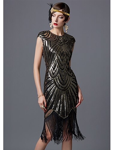  Glada 20-talet 1920-talet Cocktail klänning Flapper-klänning Klänningar Balklänning Den store Gatsby charleston Paljetter Lappverk Dam Bröllop Fest Bröllopsgäst Klänning Hemkomstklänningar