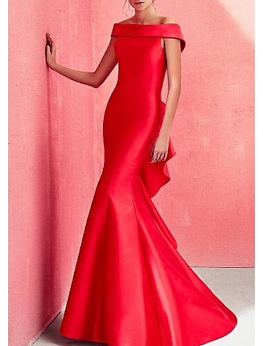  γοργόνα όμορφη πλάτη κόκκινο πράσινο φόρεμα επίσημο βραδινό φόρεμα έξω από τους ώμους κοντό μανίκι σατέν με βολάν 2024